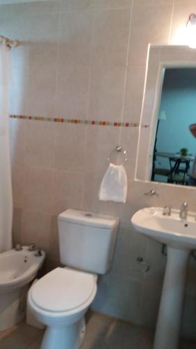 a bathroom with a white toilet and a sink at La Felicidade in Villa Elisa