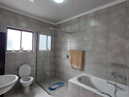 a bathroom with a toilet and a tub and a sink at Princess Vlei Lodge in Grassy Park