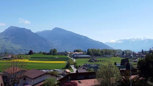 a small town with mountains in the background at Stockhorn Apartment - Aare Jungfrau AG in Spiez