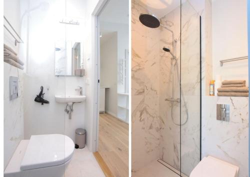 two images of a bathroom with a shower and a toilet at Otepää Residence in Otepää