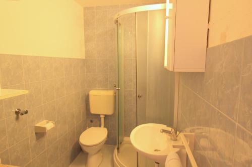 a bathroom with a toilet and a shower and a sink at IDA St2, FEW STEPS FROM THE BEACH in Novigrad Istria