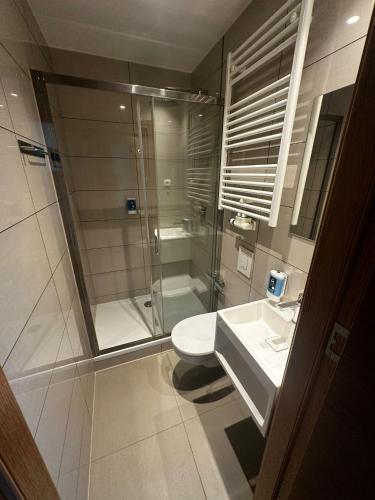 a bathroom with a shower and a toilet and a sink at Roxi Roosevelt in Antwerp