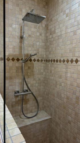 a shower with a shower head in a bathroom at Cloffy et son Domaine in Nouans-les-Fontaines