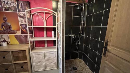 a bathroom with a shower with a cabinet in it at Gîte bergerie in Bargème