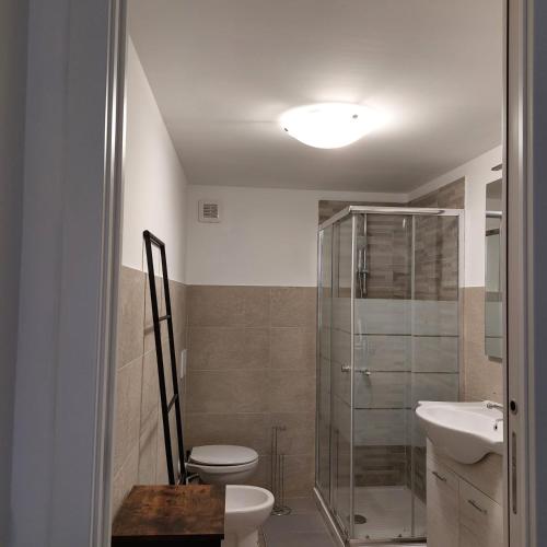 a bathroom with a toilet and a sink and a shower at Rustico Lago di Como b&b in Barna