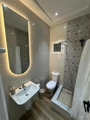 a bathroom with a sink and a toilet and a mirror at Cozy Corner in Sousse