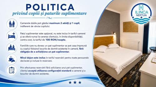 a sign for a hotel room with a bed at Ilinca in Neptun