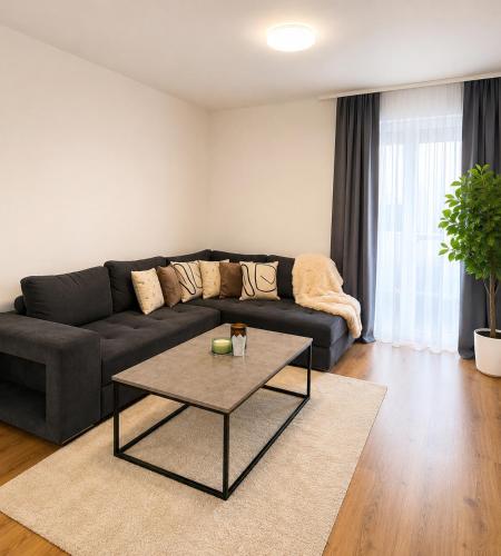 a living room with a couch and a coffee table at Studio apartman Katja in Karlovac
