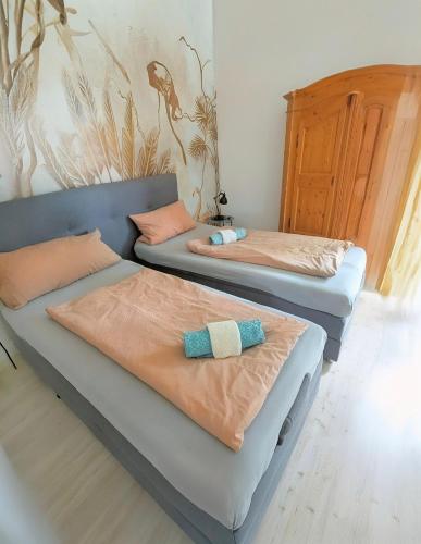 two beds with pillows on them in a room at Apfelblüte in Stockach