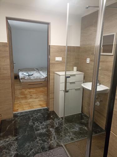a bathroom with a shower and a sink and a bed at Apartmán Slepička in Weissbach
