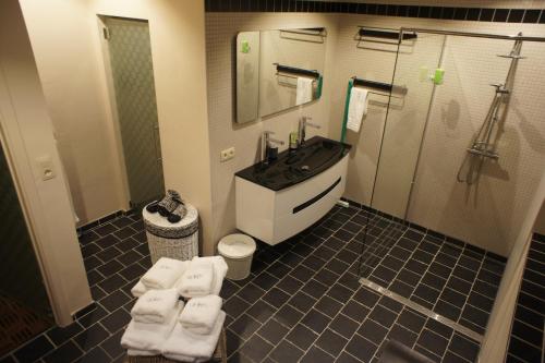 a bathroom with a sink and a shower at J and R Brussels City Apartment in Brussels