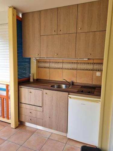 a kitchen with wooden cabinets and a sink at Studio charmant à Sainte-Anne de 25 m² avec terrasse et jardin. in Sainte-Anne