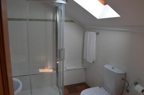 a bathroom with a shower and a toilet and a sink at Hotel El Jisu in Camaleño
