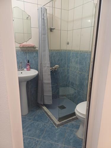a bathroom with a shower and a sink and a toilet at Tina Rooms in Ulcinj
