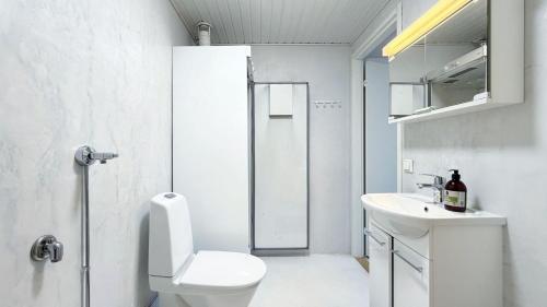 a white bathroom with a toilet and a sink at Apartamento la Casa Tahko in Kuopio