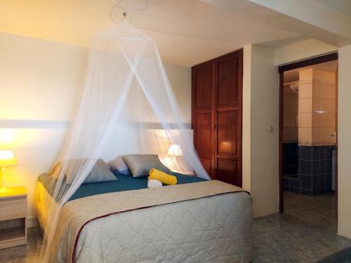 a bedroom with a bed with a mosquito net at Maison charmante à Le Diamant avec vue sur mer et jardin in Le Diamant