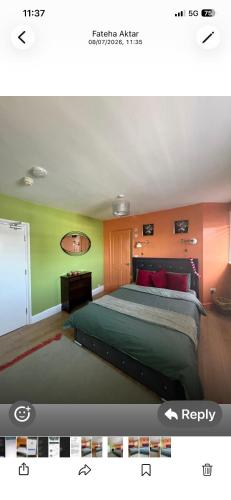 a bedroom with a bed with green and orange walls at Papa guest in Poole
