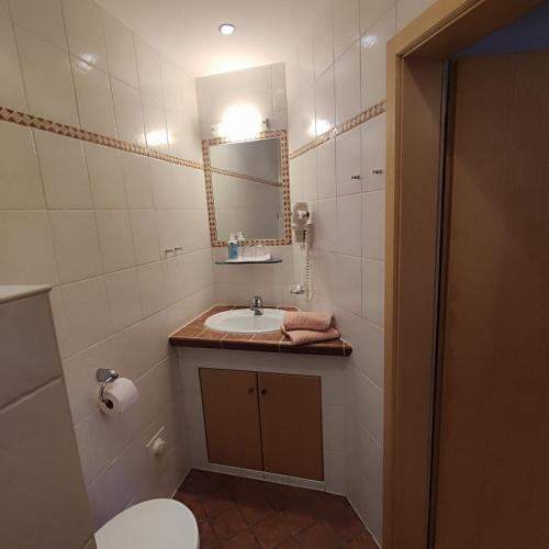 a bathroom with a sink and a mirror at Pretzners Ferienwohnungen in Reit im Winkl