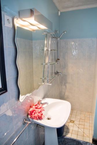 a bathroom with a white sink and a mirror at Charming Studio in Foulpointe, Sea View and Garden, 30 m² in Foulpointe