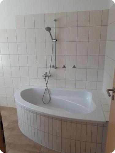 a bath tub with a shower in a bathroom at Specht-Ferienwohnung-1-Tangermuende in Tangermünde