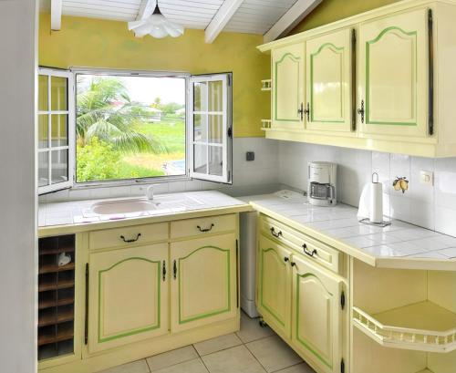 a kitchen with green cabinets and a window at Appartement convivial au Moule avec jardin clôturé in Le Moule