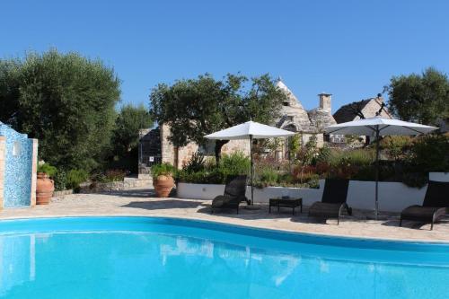a swimming pool with two chairs and umbrellas at Spacious Villa with Private Pool in Castellana Grotte in Alberobello