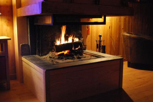 a fireplace in a room with a fire in it at Chalet chaleureux à Ax-les-Thermes avec vue sur la montagne in Ax-les-Thermes