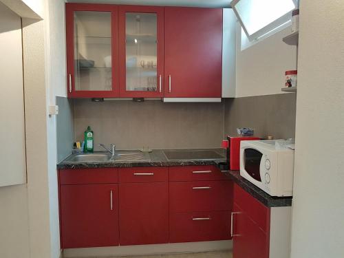 a red kitchen with a sink and a microwave at Comfortable studio in Bevaix with mountain view - 30 m² + Spa in Bevaix