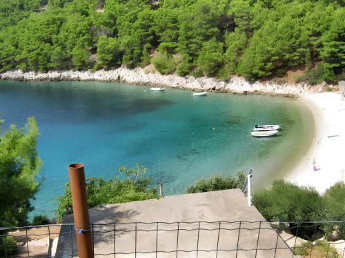 a view of a beach with a boat in the water at Charming Apartment with Sea View, Gdinj, 70 m², Garden in Gdinj