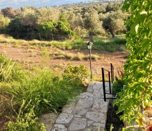 a stone path leading to a field with trees at Elegant Villa with Sea View in Politika in Politika
