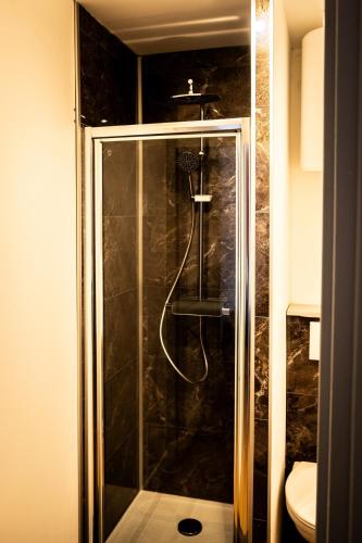 a shower with a glass door in a bathroom at Le nid bourbourgeois in Bourbourg