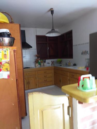 a kitchen with wooden cabinets and a counter top at Appartement spacieux à Sainte-Rose - 120 m² - Terrasse ensoleillée in Sainte-Rose