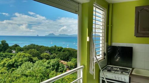 a kitchen with a window with a view of the ocean at Appartement moderne à Sainte-Anne 43 m² avec vue mer in Sainte-Anne