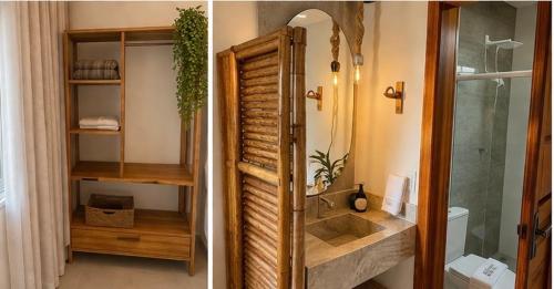 two pictures of a bathroom with a sink and a shower at Vista do Luar Corumbau in Prado