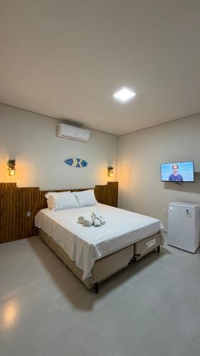 a bedroom with a bed and a tv on the wall at Vista do Luar Corumbau in Prado