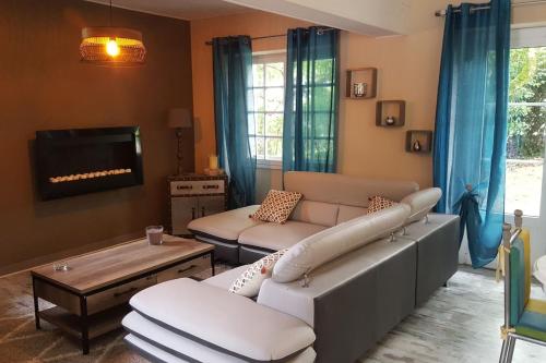 a living room with two couches and a tv at Villa spacieuse avec piscine à Aspin-en-Lavedan, vue montagne. in Aspin-en-Lavedan
