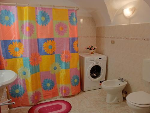 a bathroom with a colorful shower curtain and a washing machine at Casa Arancia in Isolabona
