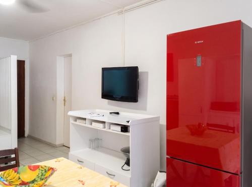 a living room with a tv on a wall at Charmant studio avec vue sur mer au Moule, 20 m² + terrasse in Le Moule