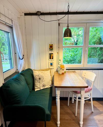 a living room with a green couch and a table at Tiny House Gerswalde in Gerswalde