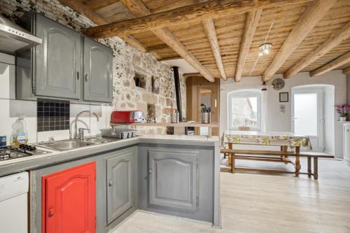 a kitchen with gray cabinets and a wooden ceiling at Maison charmante à Valprivas avec jardin privé. in Valprivas