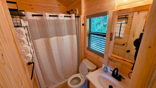 a small bathroom with a toilet and a sink at Abbot Trailside Lodging in Abbot Village
