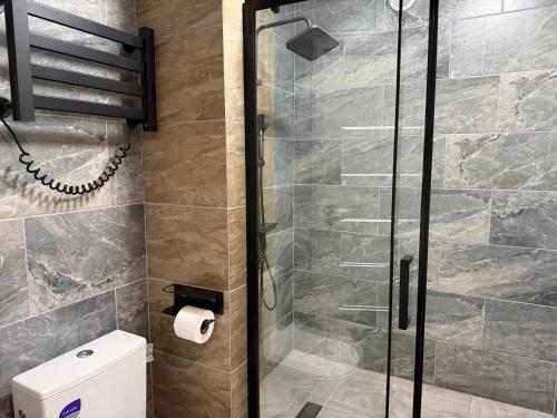 a glass shower door in a bathroom with a toilet at ADAM Apartments Krāslava in Krāslava