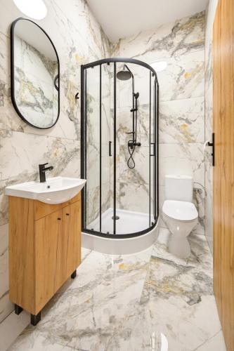 a bathroom with a shower and a sink and a toilet at Centrum Grand Apartments in Rybnik