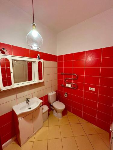 ein rotes Badezimmer mit Toilette und Waschbecken in der Unterkunft fourth line in Riga