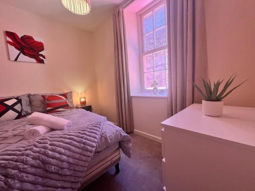 a bedroom with a bed and a window at Central City stays in Exeter
