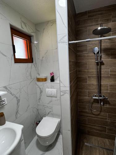 a bathroom with a toilet and a sink at Hanovi Apartments in Borje