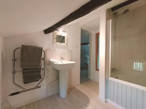 a bathroom with a sink and a shower at Kinvara Gite in Dournazac