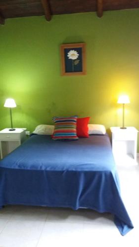 a bedroom with a blue bed with a green wall at La Felicidade in Villa Elisa