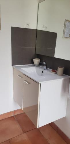 a white kitchen with a sink and a mirror at Studio - Le Saule in Foissiat