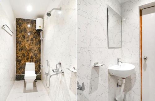 two images of a bathroom with a sink and a toilet at The Golden Plaza in Tarapith